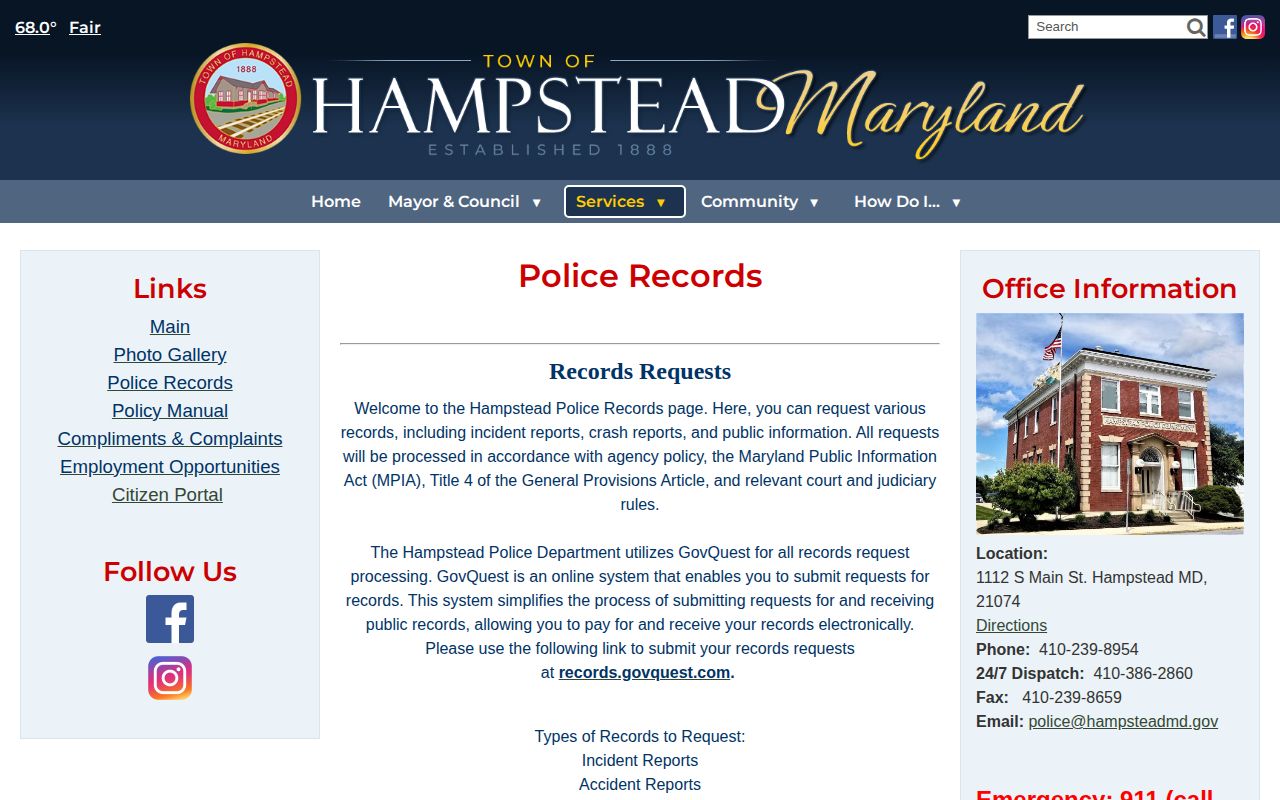 Hampstead Police Department records page for Carroll County arrests